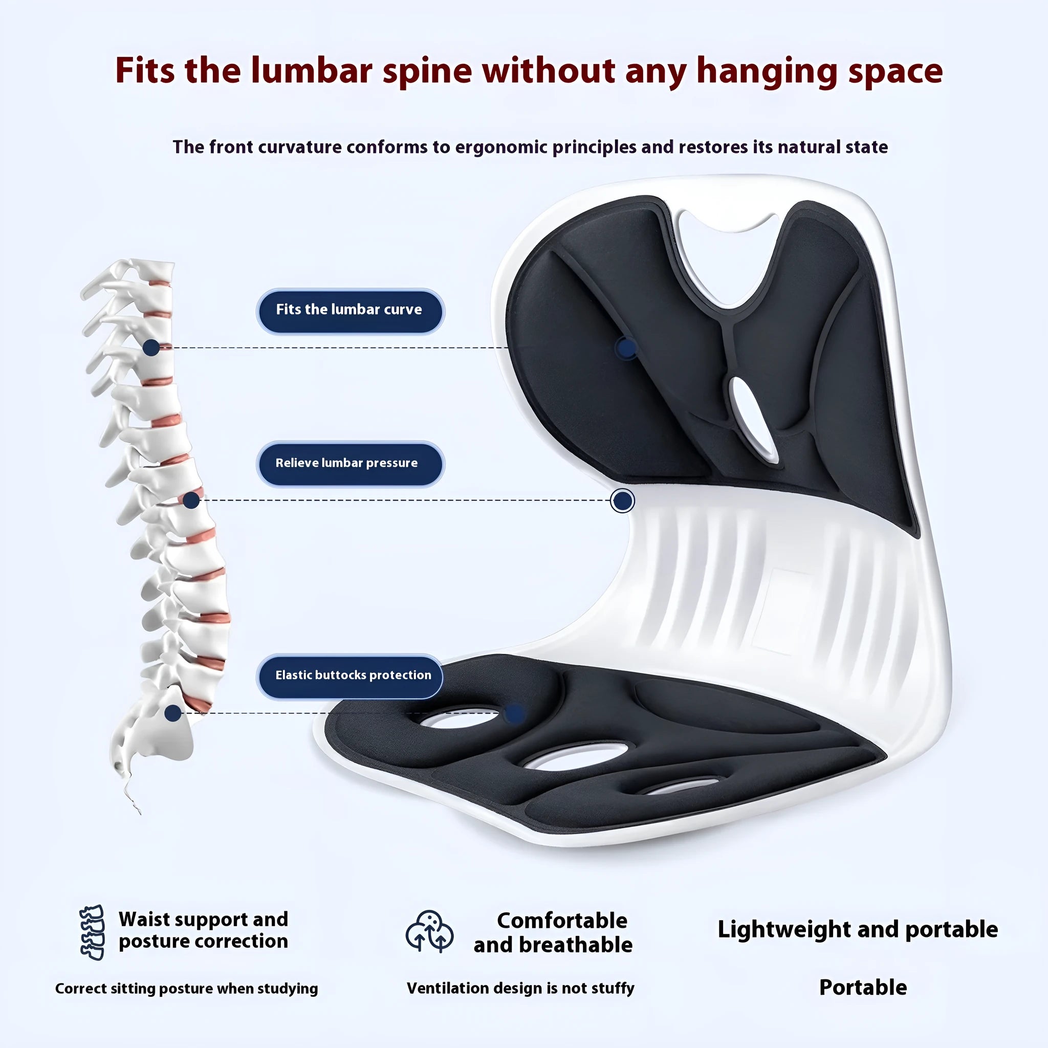 Grey lumbar support cushion with contoured shape for lower back, placed on office chair