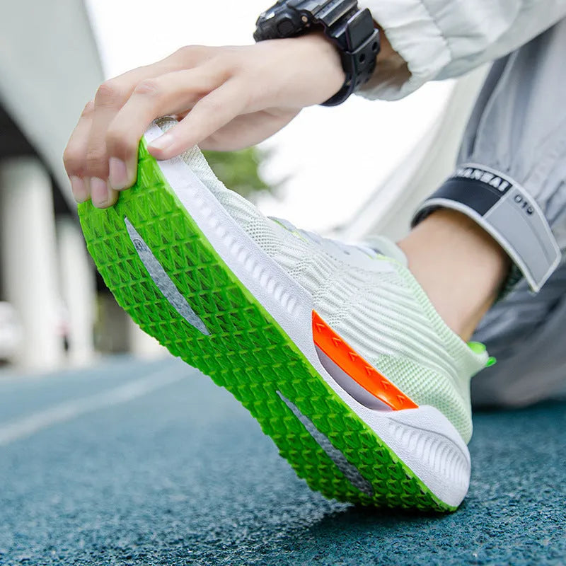 Men's breathable mesh sports shoes with injection moulded sole in blue gray and green colors