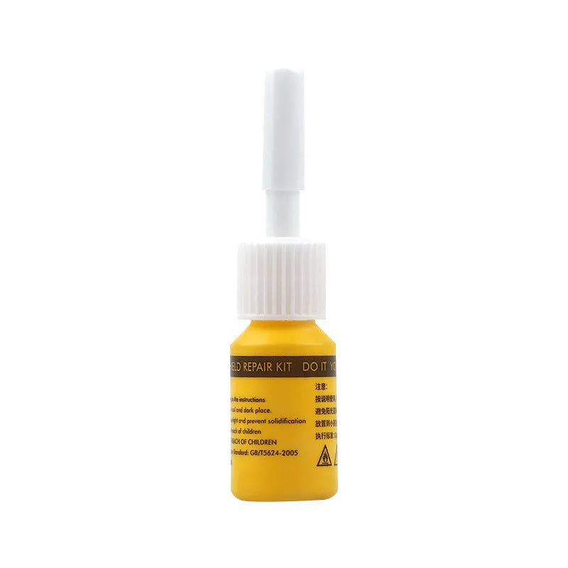 Yellow car glass repair tool set with windscreen repair liquid and injection tools
