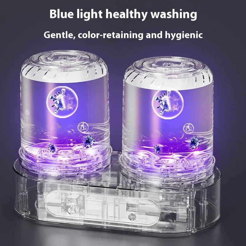 White USB-powered portable mini washing machine with two buckets and mechanical controls.