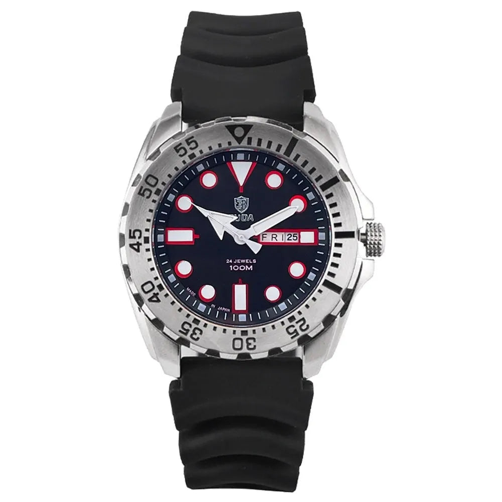 Waterproof men's sports watch with luminous dial, shown in silver case with blue dial and steel strap