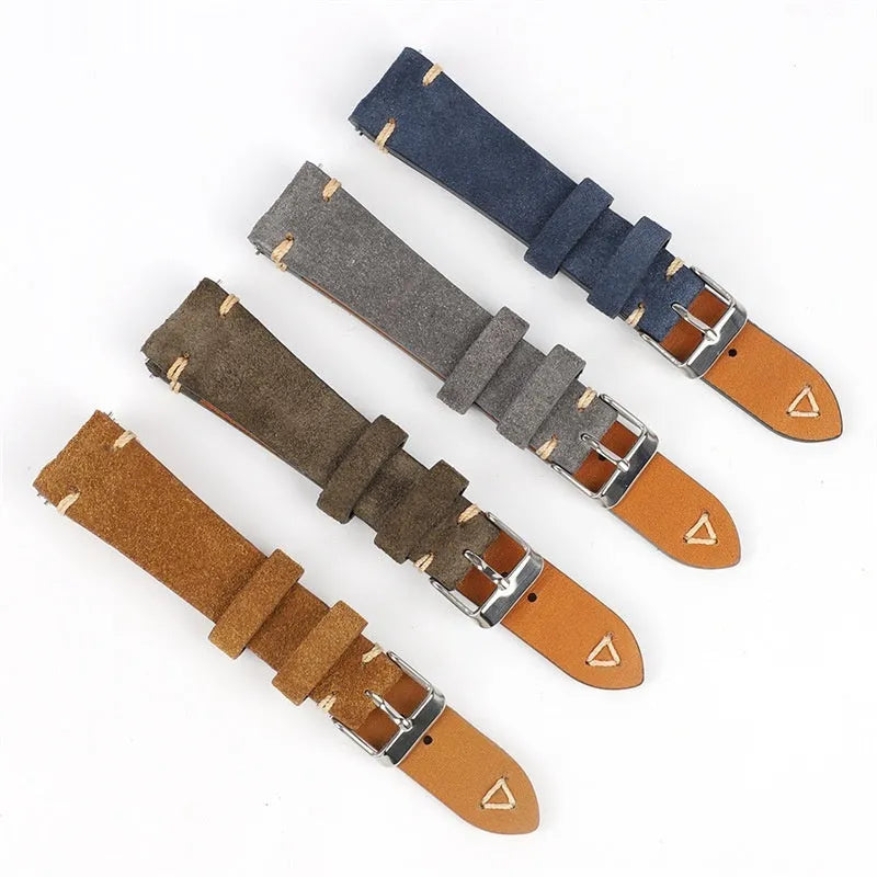 Genuine suede leather watch strap showing texture detail in available colours