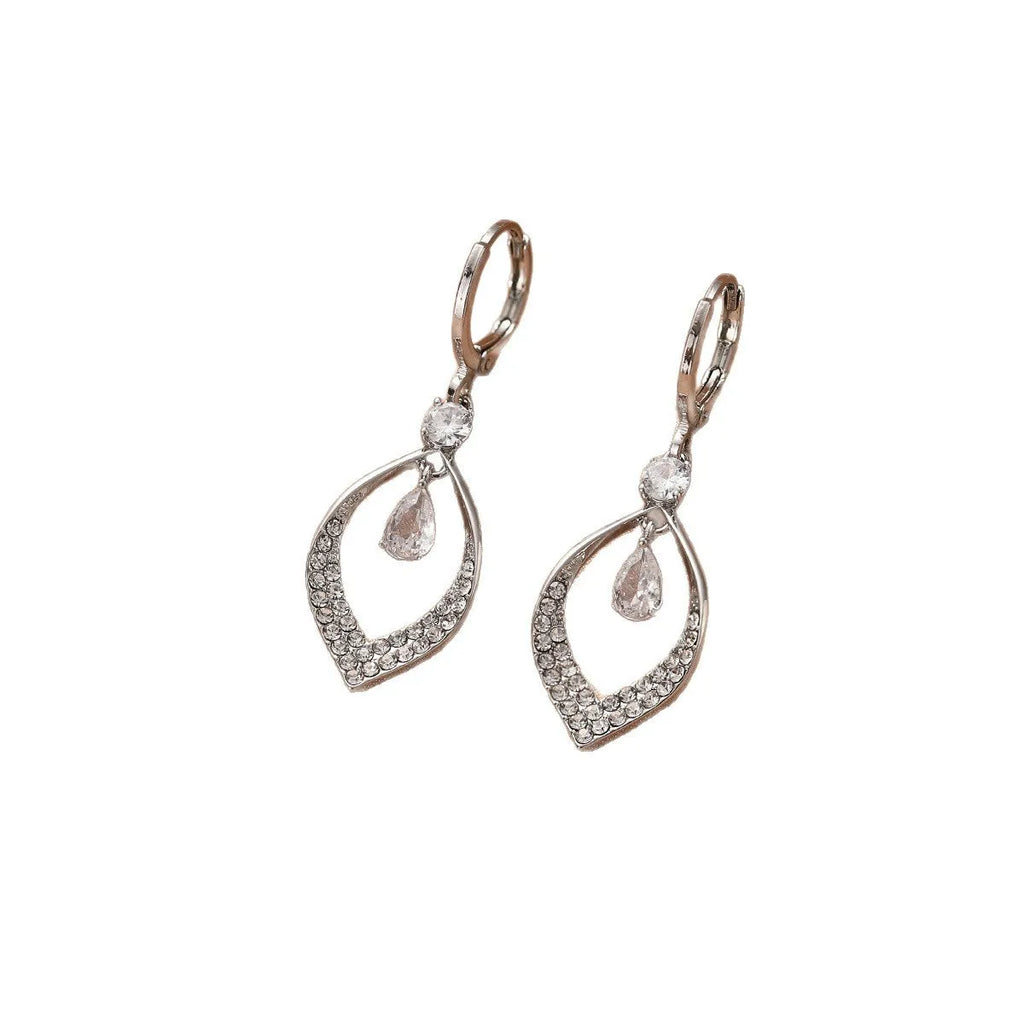 Copper tear-drop shaped earrings with zircon detailing and tassel finish, showing gold and silver electroplated buckle options