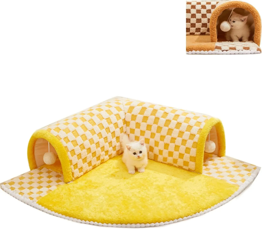 Brown plaid cat tunnel bed with central mat showing non-slip bottom and tunnel opening