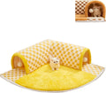 Brown plaid cat tunnel bed with central mat showing non-slip bottom and tunnel opening