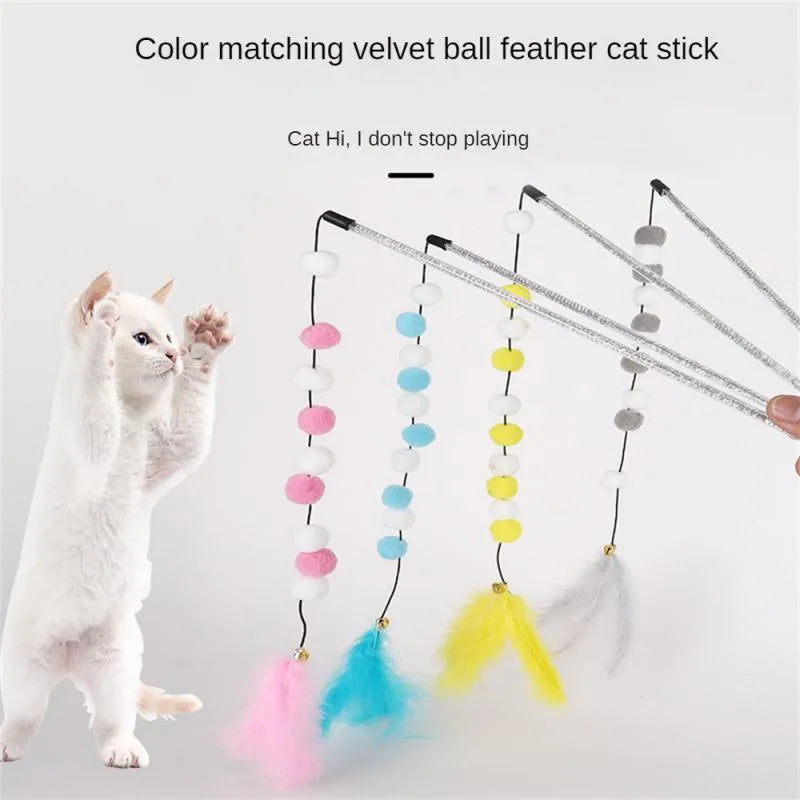 Colourful cat teaser toy stick with acrylic pompon, feathers, and a bell on a 31cm rod