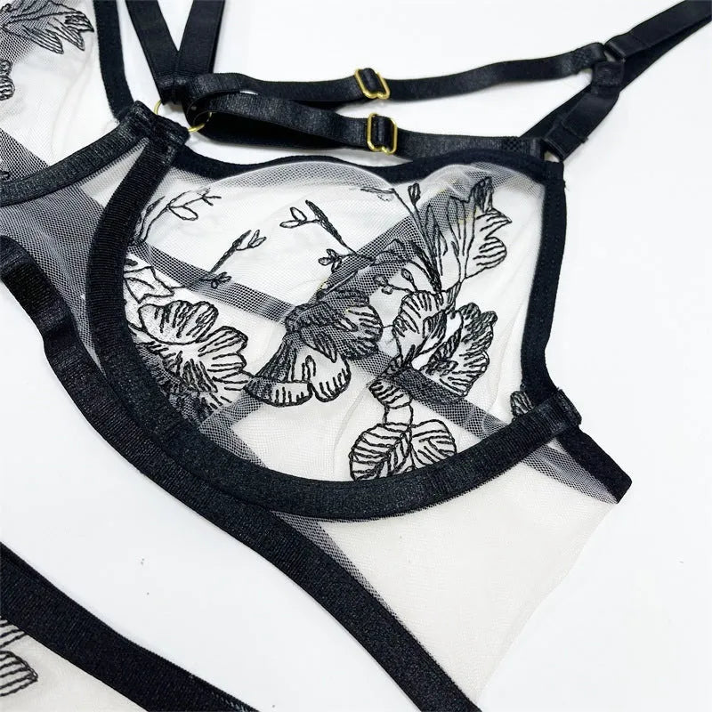 Women's black lace mesh three-piece set with floral print showing top, pants, and waist ring