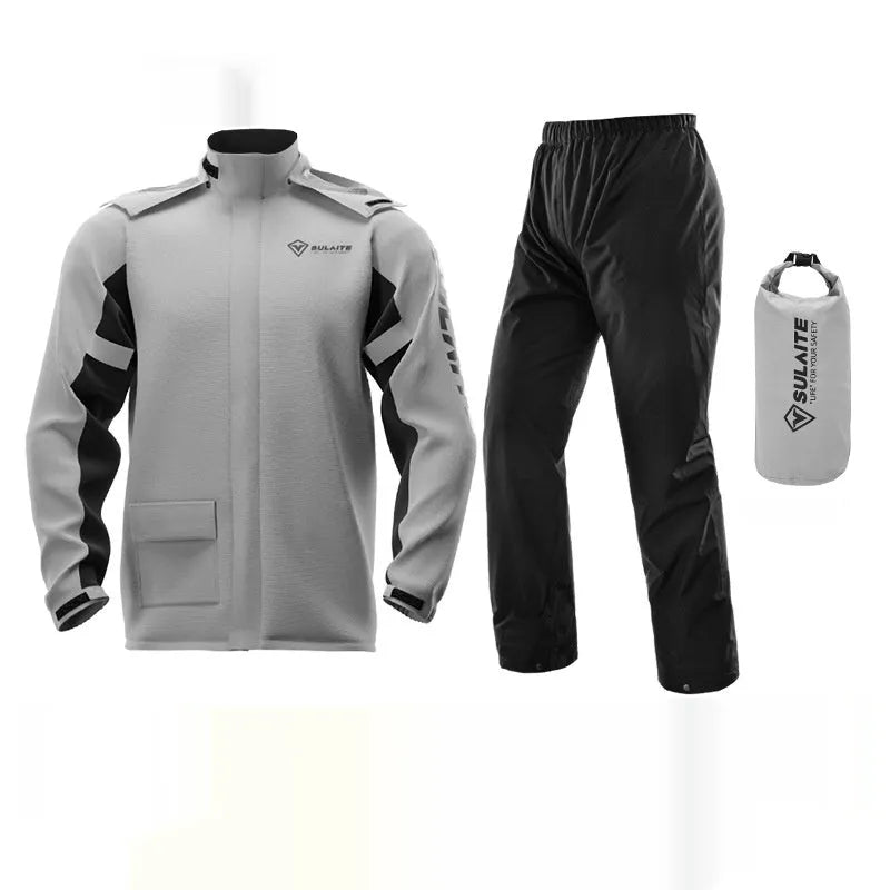 Motorcycle rain suit set showing raincoat, rain trousers, hidden shoe covers, and storage bag in available colours.