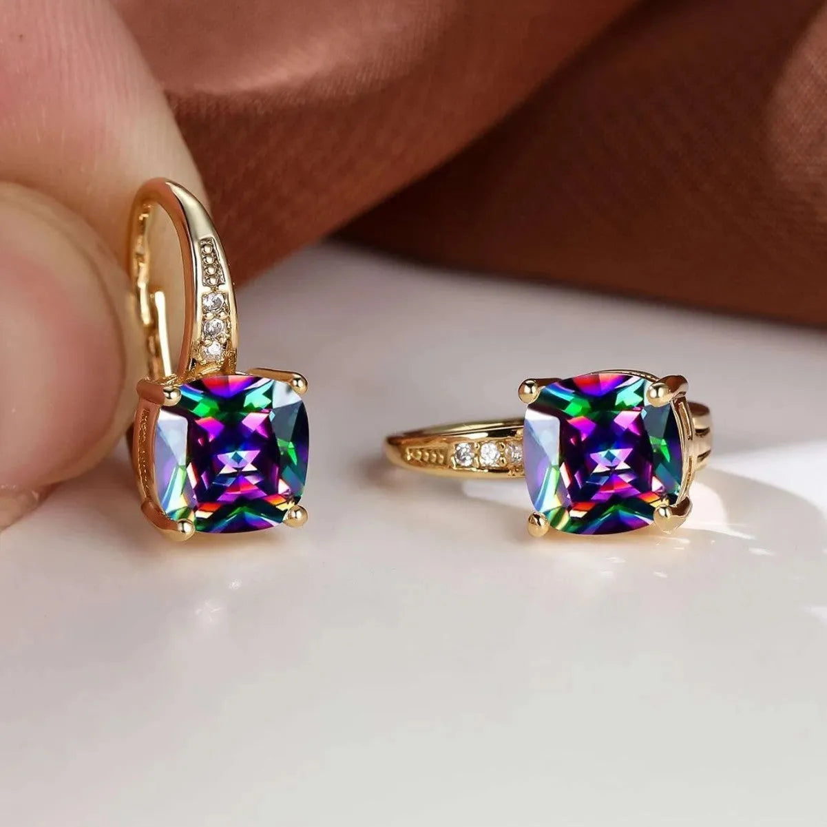 Square geometric ear clip earrings with quadrilateral angles and electroplated gold finish