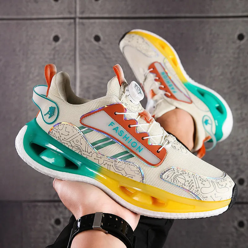 Men's mesh sports shoes in beige orange with elastic band and popcorn TPU sole