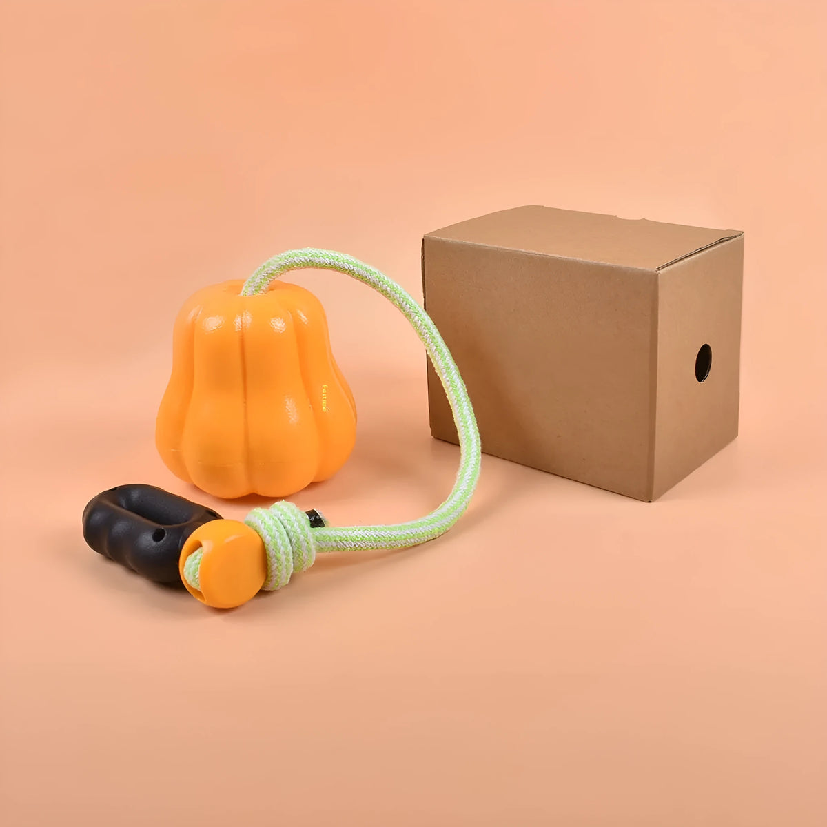 Orange pumpkin-shaped plastic dog chew toy with rope attachment for tug-of-war and fetch games