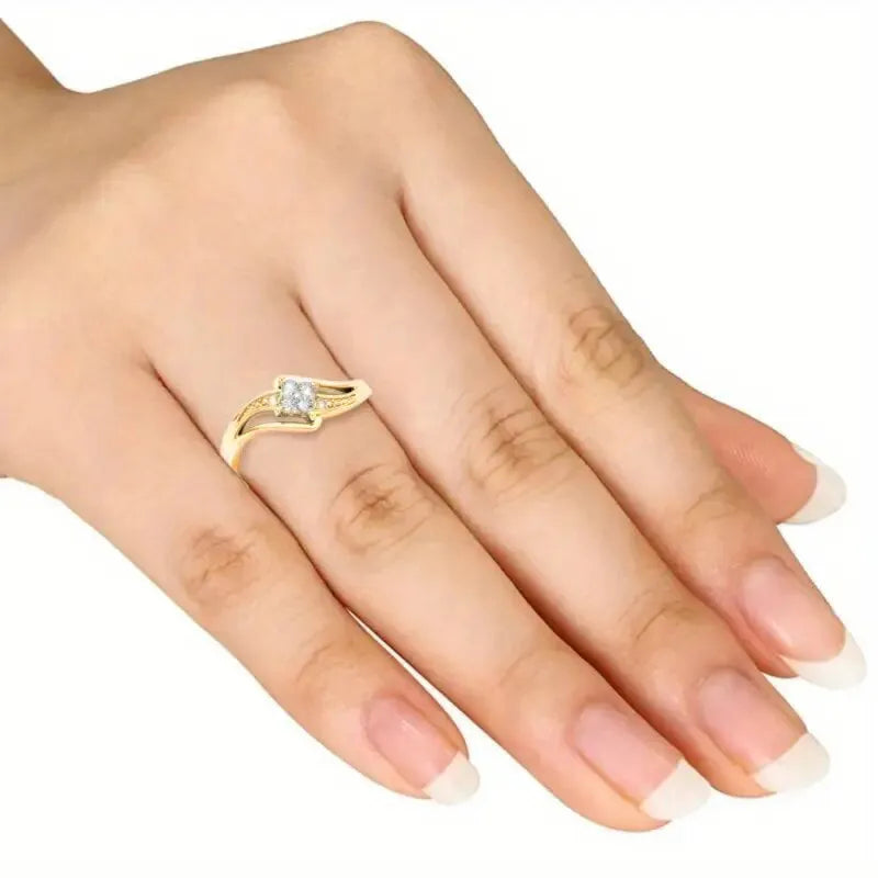 Yellow gold coloured copper diamond ring with geometric design and micro inlaid zircon detailing