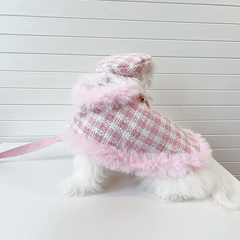 Pink polyester cat costume set with cape, beret, and hand-holding rope leash on feline model