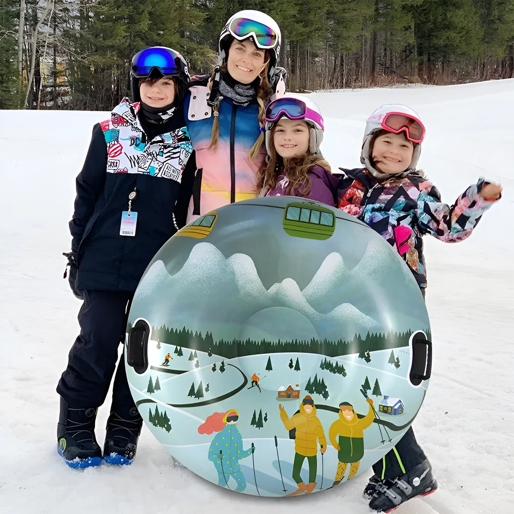 Thick printed PVC skiing ring in Flame Red, Ice Snow Blue, or Snow Mountain design for outdoor winter snow play