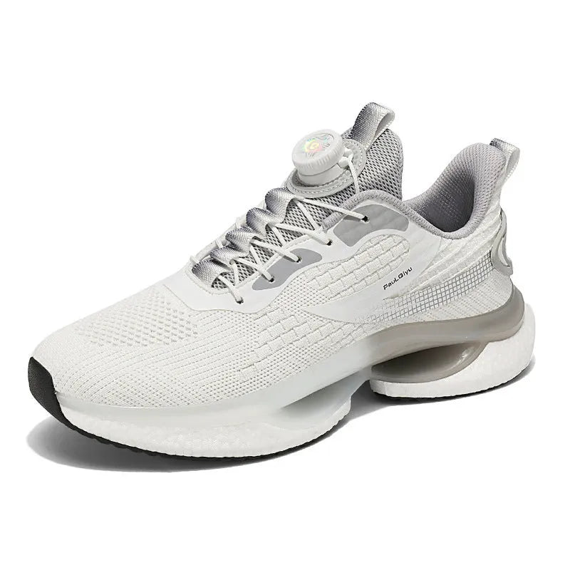Men's white running shoes with rotating buckle closure and Fly-knit mesh upper