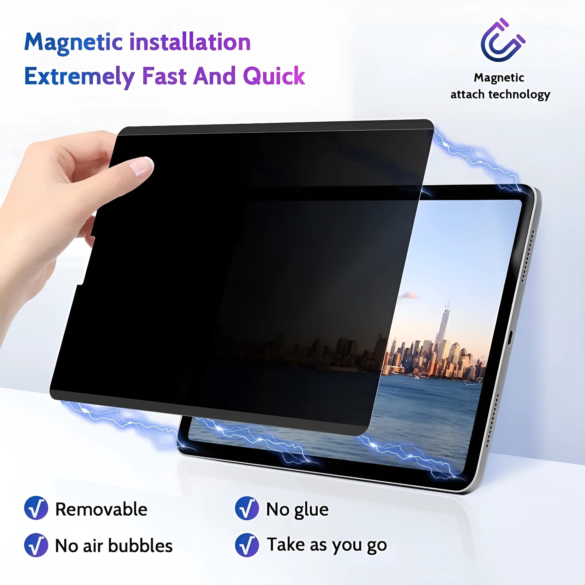 Magnetic iPad privacy screen protector with PET film and storage clip for multiple iPad models