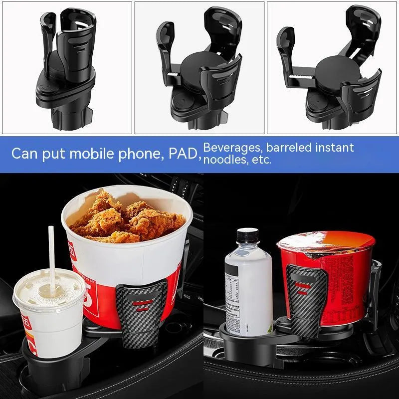 Second generation upgrade car cup holder modification tray in carbon fibre and matte ABS plastic finish.