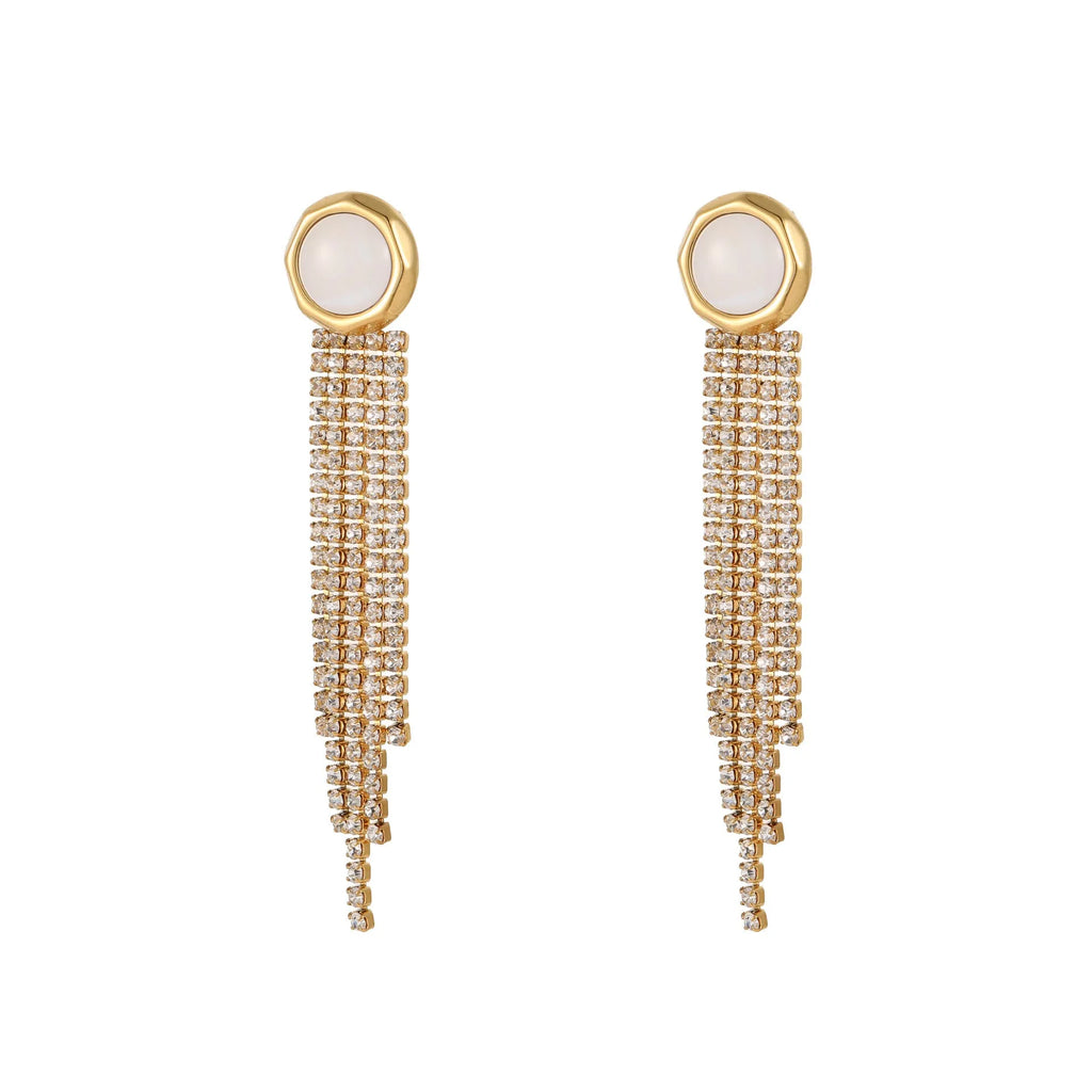 Women's stainless steel earrings with diamond tassel, heart, and star shapes in 18K gold electroplated finish.