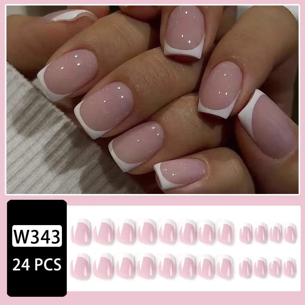 White artificial nail tips with plaid pattern design, 24 pieces per box