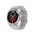 Black sports smartwatch with round AMOLED screen and silicone strap on a wrist, showing fitness stats.