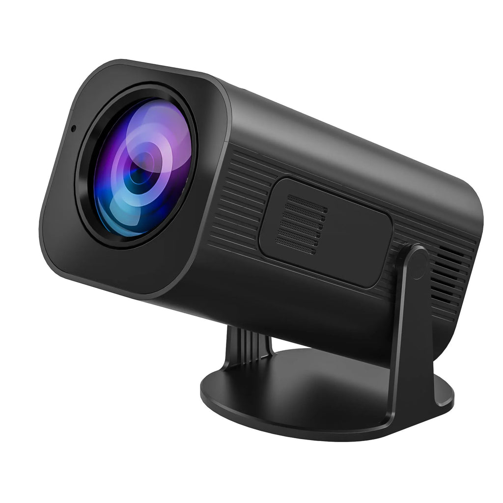P330 black and white mini projector with remote control on table