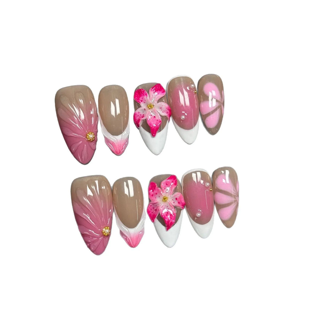 Three-dimensional French style lily and fluid ice flower plastic nail armour in almond shape