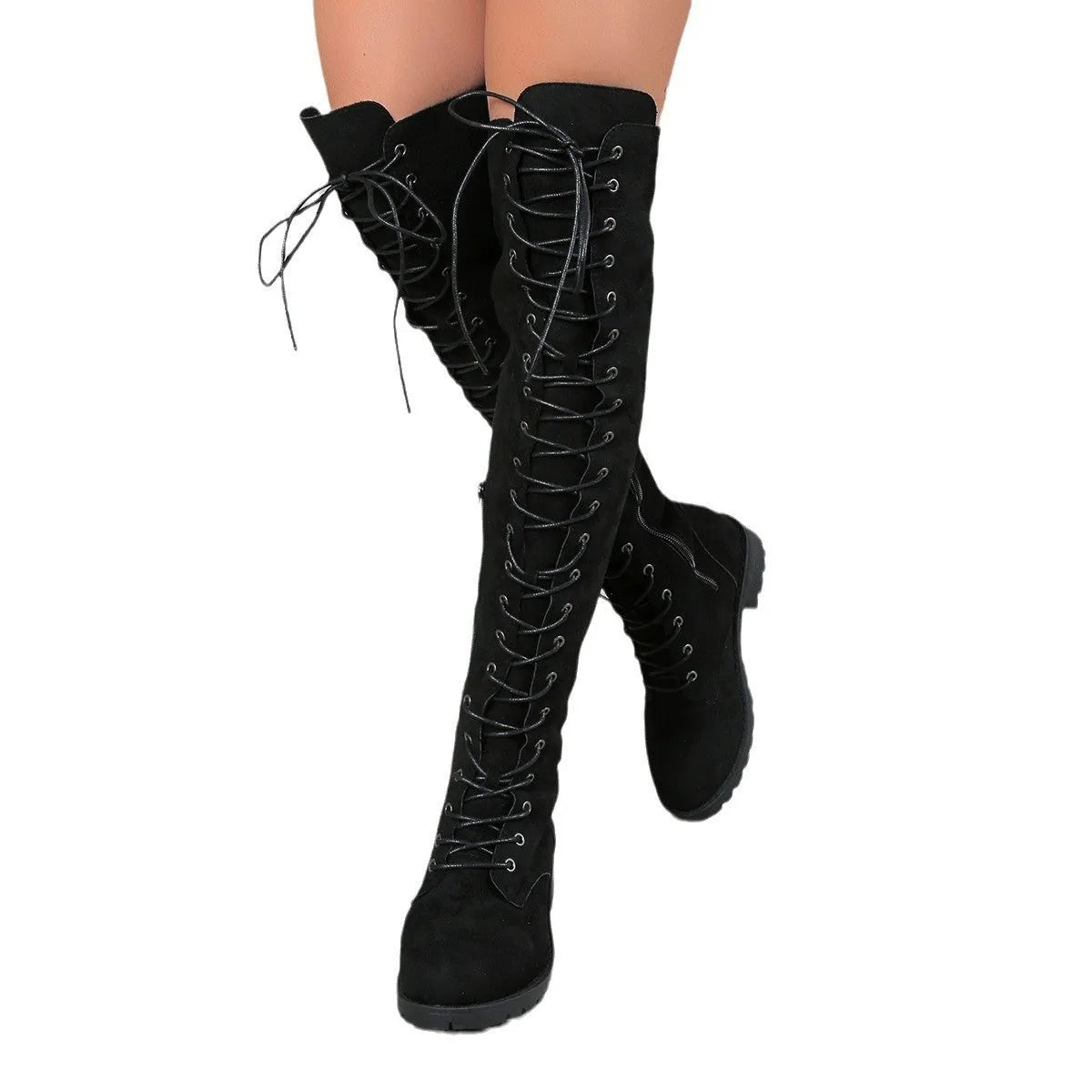 Black lace-up over-the-knee boots with round toe and flat heel on a neutral background.