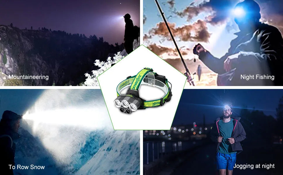 USB rechargeable outdoor headlamp with 5 LEDs and aluminium alloy body on headband.