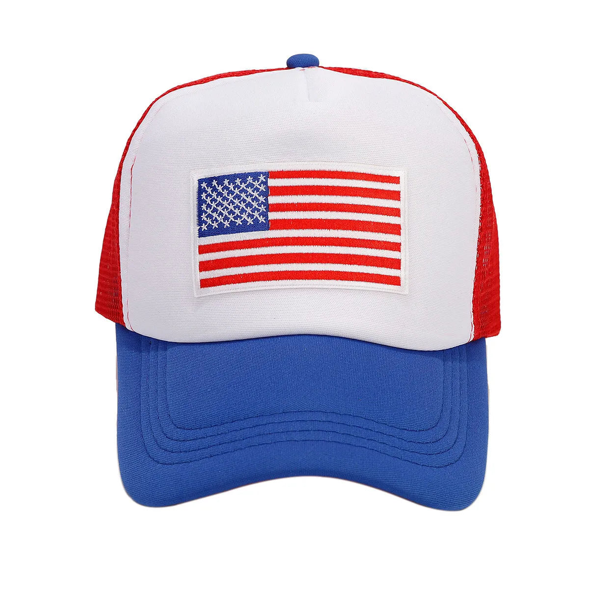 Red and blue contrast mesh baseball cap with adjustable strap and dome crown