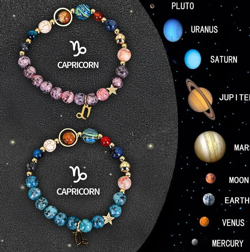 Two natural stone beaded bracelets showcasing different zodiac sign styles from a twelve-sign set.