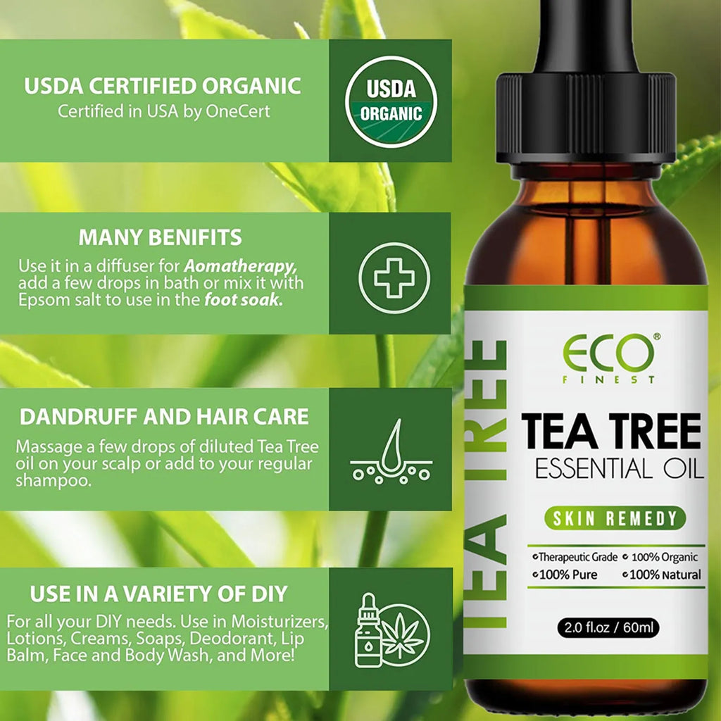 60ml bottle of pure tea tree essential oil for facial skin treatment and massage