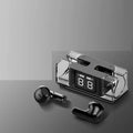 E90 wireless sports headset in black, green, purple or white showing earplug design and charging case