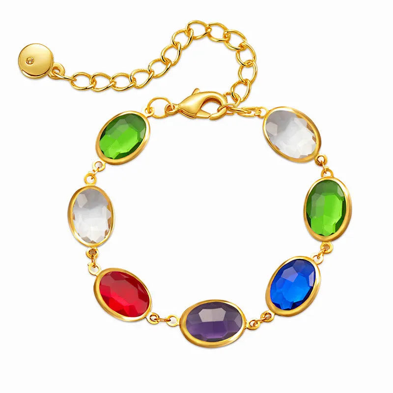 Geometric ellipse copper bracelet with glass inlay decoration in blue, green or multicolor options