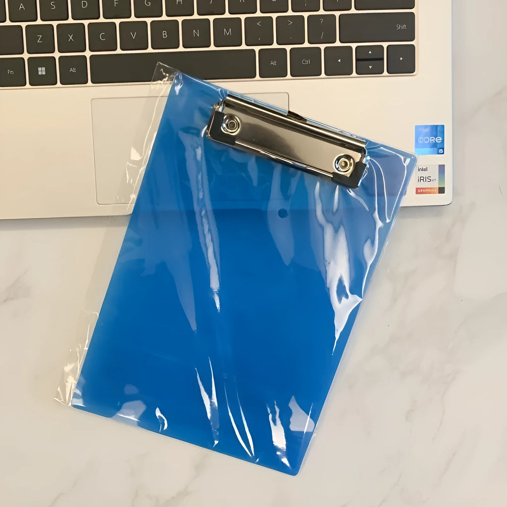 A4 and A5 transparent PP writing board with metal clip, shown in multiple colour options.