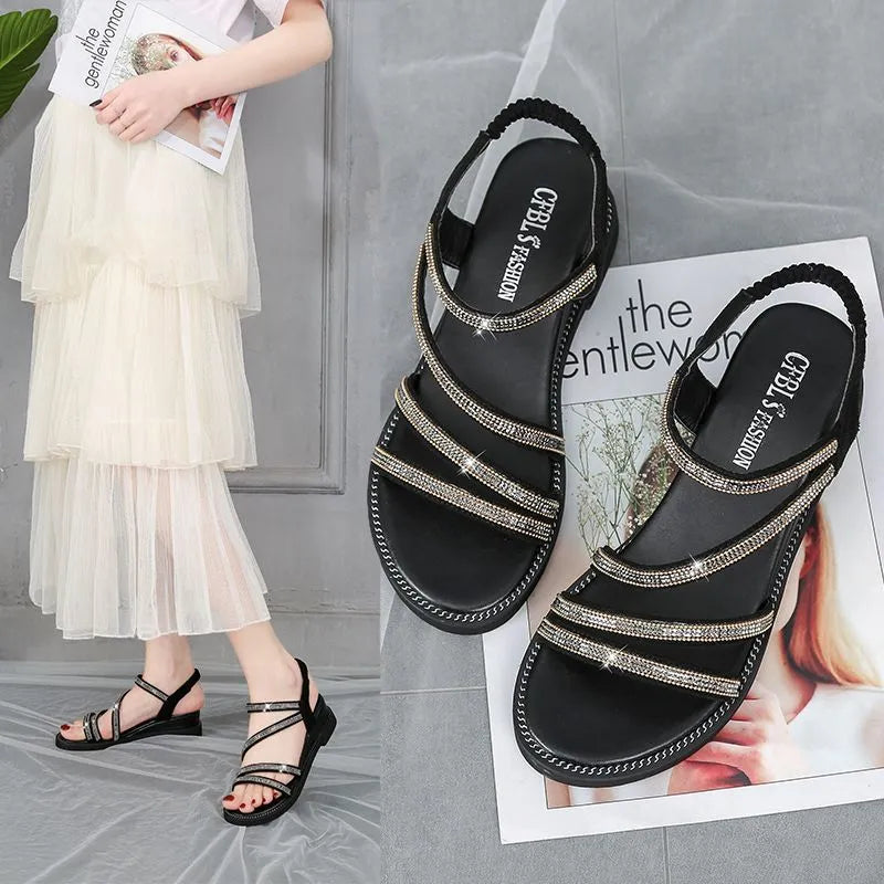 Women's silver Korean style flat sandals with rhinestone decoration and elastic band