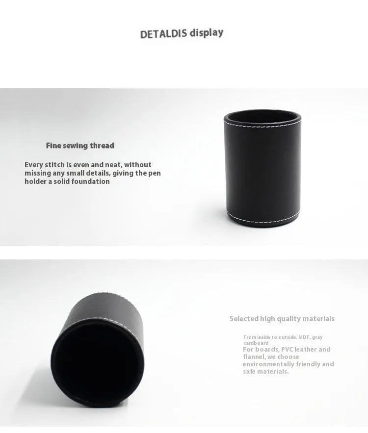 Round black leather pen container with 8.0cm diameter on wooden desk