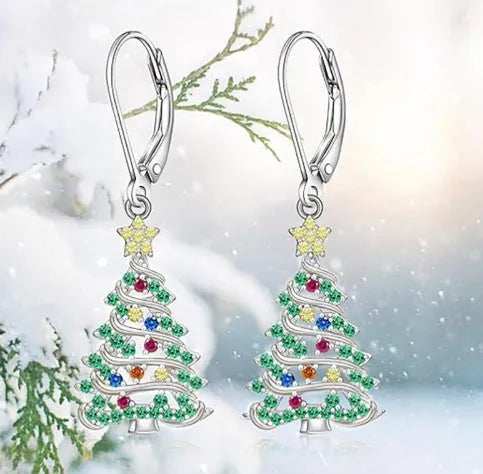 Women's Christmas tree earrings with star shape and white gold colour plating