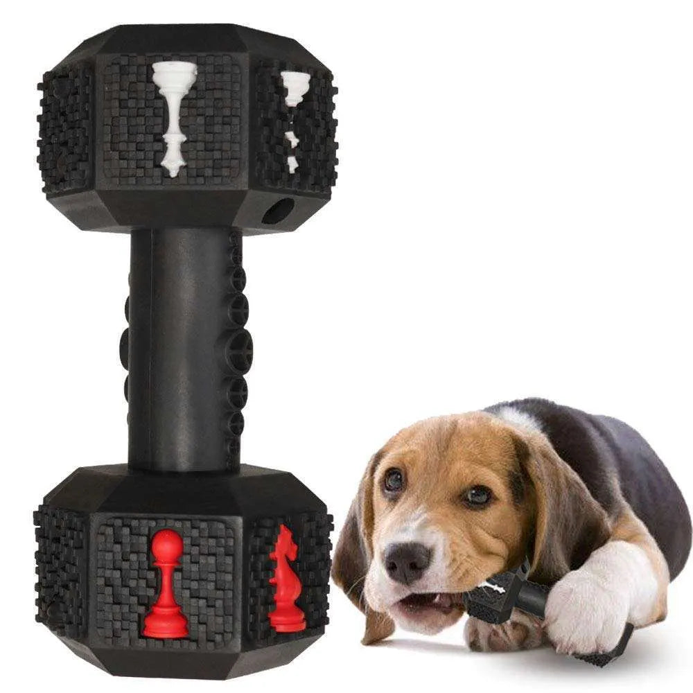 Blue durable rubber dog chew toy shaped like a dumbbell with textured surface.