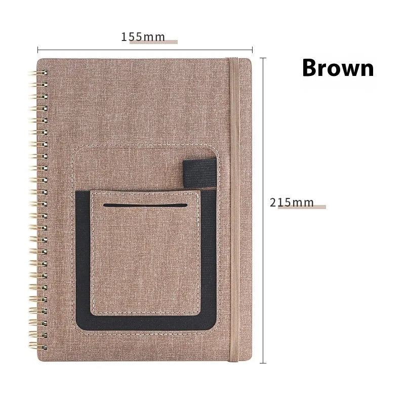 Erasable coil notebook with stone paper, showing a black cover option and a pen on a wooden desk.