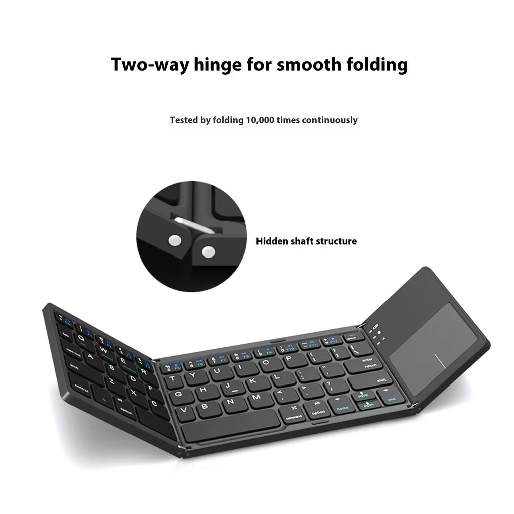 Black tri-fold Bluetooth keyboard shown in folded position demonstrating compact 30.2cm size