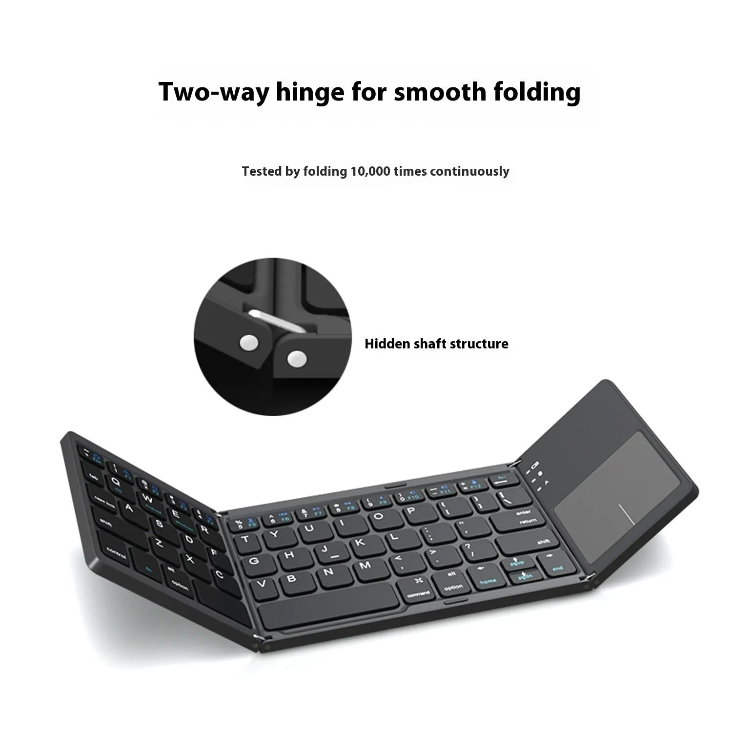 Black tri-fold Bluetooth keyboard shown in folded position demonstrating compact 30.2cm size
