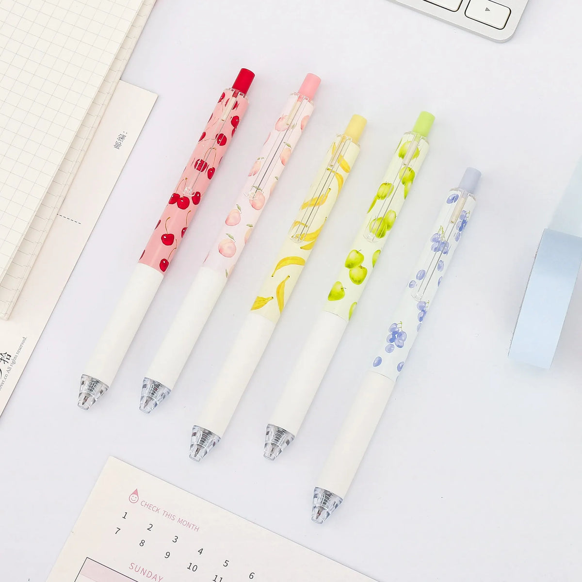 Three fruit-scented pressurised pens with 0.5mm quick-drying refills in random assortment