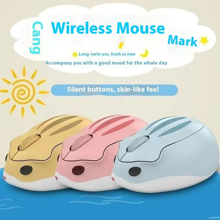 Hamster Wireless Bluetooth Silent Mouse in grey, pink, and yellow colour options shown on a desk.