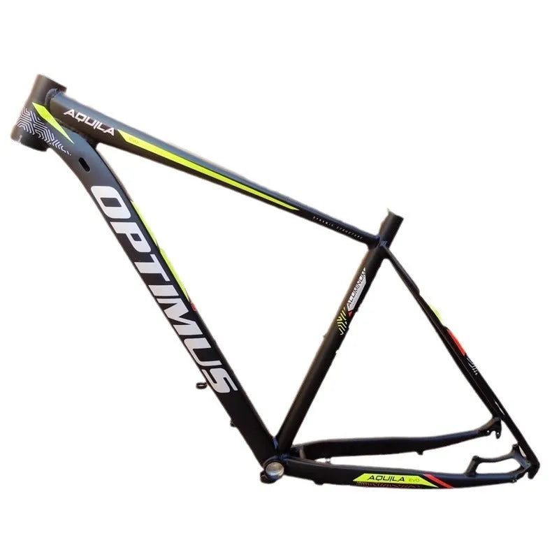 Black green 29-inch aluminium mountain bike frame with internal cable routing and disc brake mounts