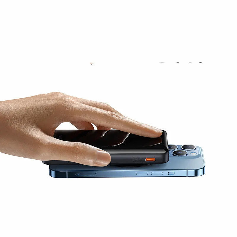 Slim magnetic wireless power bank with USB port in blue, pink, or white colour