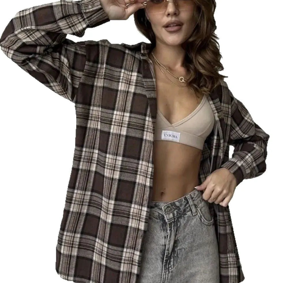Women's dark brown striped long sleeve retro shirt with regular collar and trueran cotton fabric
