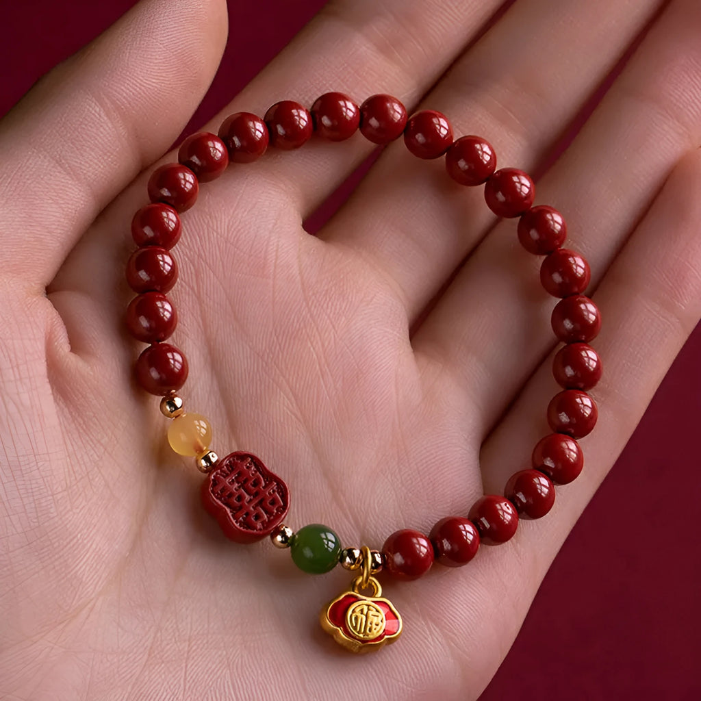 Emperor Sandstone cinnabar bracelet with fu character design in New Chinese style