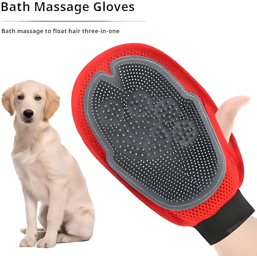 Red pet bathing glove with integrated brush for dog and cat grooming during washing