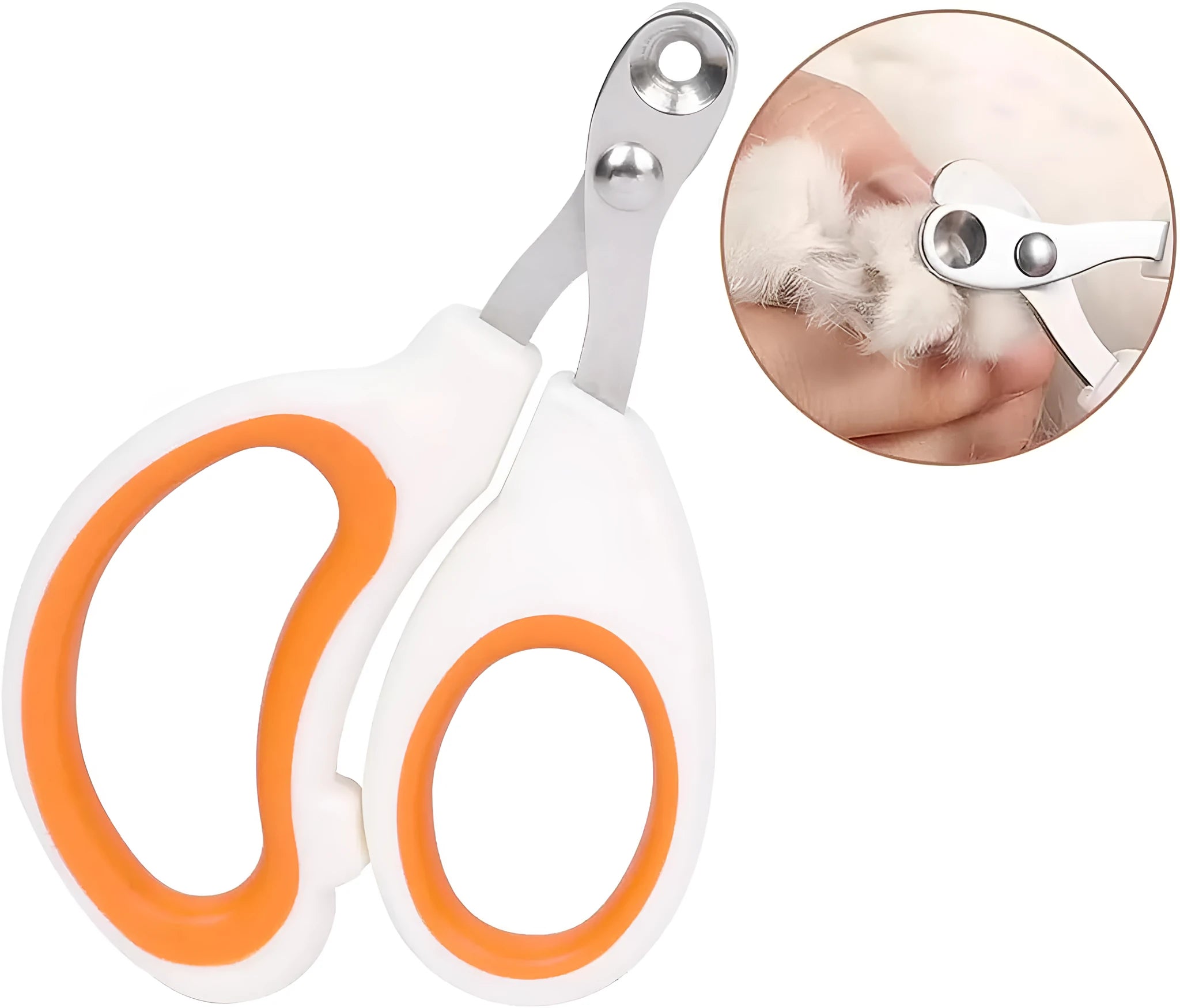 Blue pet nail clippers with a circular safety hole and cushioned non-slip handle.