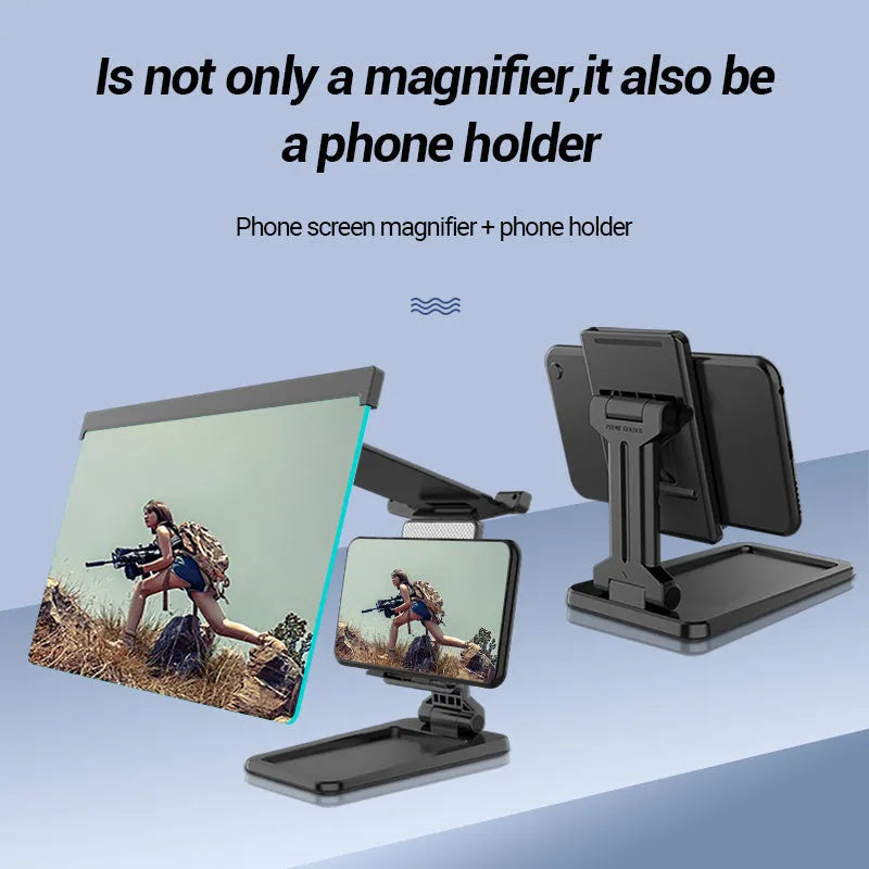 Black 12-inch curved mobile phone screen amplifier with separate folding phone holder on desktop